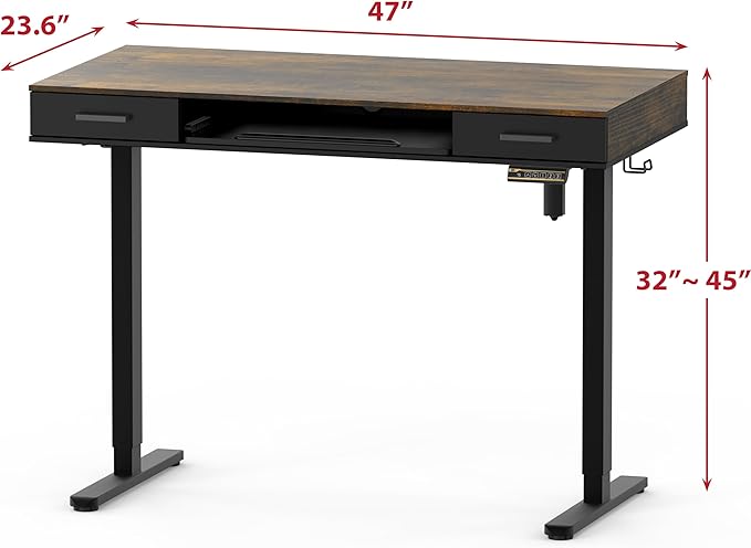 SHW 48-Inch Electric Height Adjustable Desk with Keyboard Tray and 2 Drawers Rustic Brown