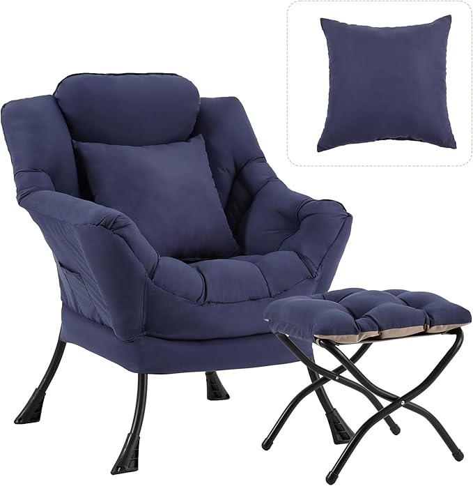 Lazy Chair with Ottoman Large Accent Chair with Ottoman and a Throw Pillow Navy Reading Chair for Living Room Bedroom Dorm Room Office Apartment Relaxing Use