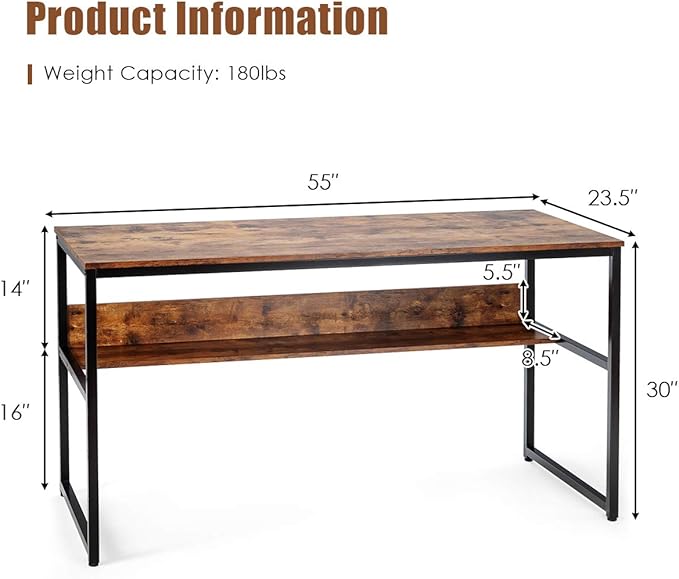 Tangkula 55 Inches Computer Desk with Bookshelf Study Writing Table w/Storage Shelf &amp Sturdy Metal Frame Home Office Desk with Adjustable Foot Pads &amp Spacious Desktop Computer Workstation
