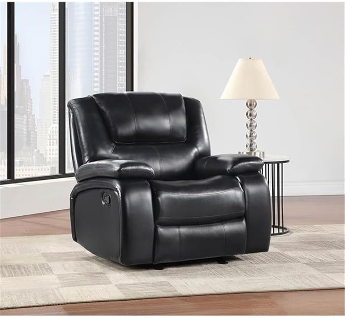 Pemberly Row Faux Leather Upholstered Glider Recliner Chair Black Manual Recline 38 H x 37.75 W x 38.25 D Plush Foam Cushions Padded Arms Wall Hugger Living Room or Den Seating