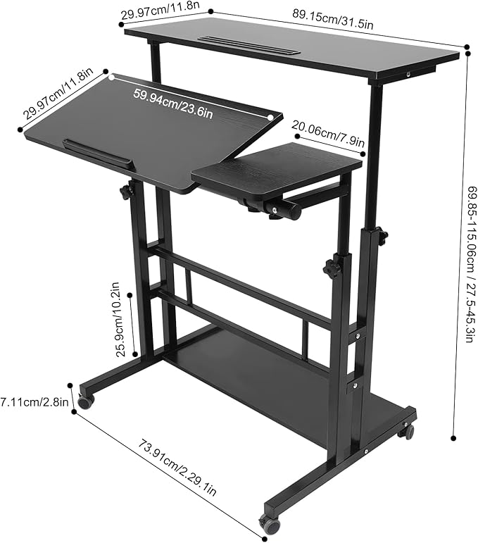Mobile Stand Up Desk Adjustable Laptop Desk with Wheels Storage Rolling Table Cart for Standing or Sitting for Home Office Workstation Black 31.5 * 11.81