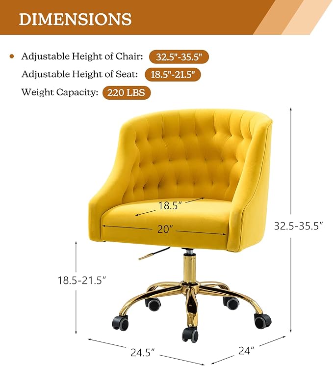 Velvet Home Office Chair with Gold Base Comfortable Modern Cute Desk Chair Adjustable Swivel Task Chair for Living Room Bedroom Vanity Study Yellow