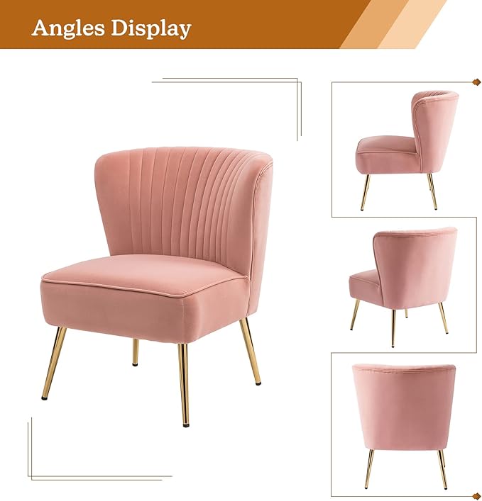 HULALA HOME Velvet Accent Chair Modern Upholstered Cute Side Chair with Gold Metal Legs Armless Wingback Slipper Chair Comfy Living Room Chair for Bedroom Guest Room Vanity Pink