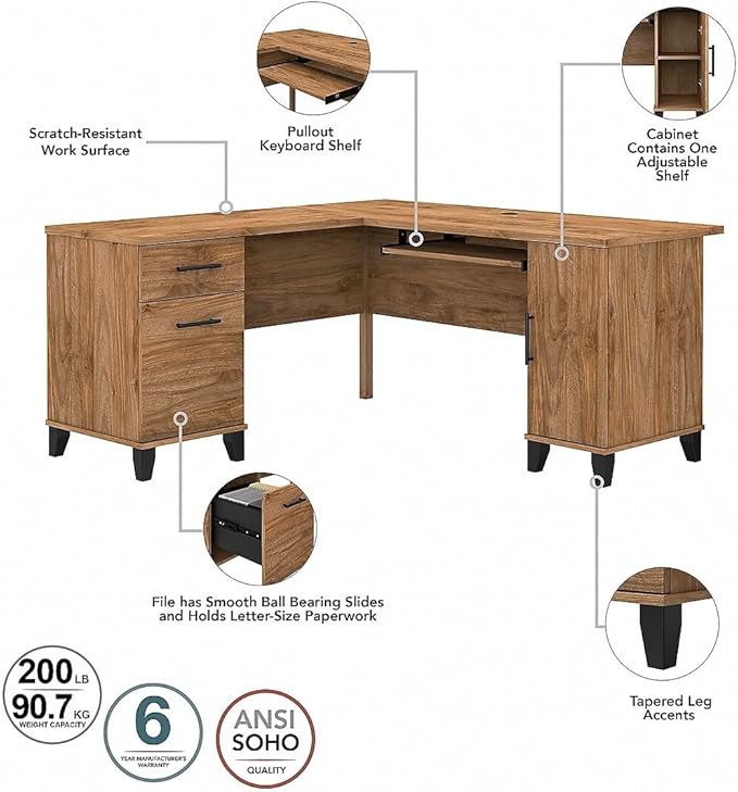 Bush Furniture Somerset L Shaped Desk with Storage in Fresh Walnut Corner Computer Table for Home Office