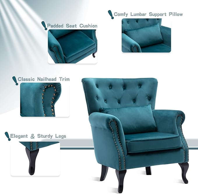 chairus Mid-Century Modern Accent Chair Comfy Tufted Single Sofa Chair Wingback Armchair with Pillow for Club Living Room Bedroom - Velvet Teal
