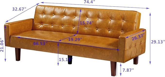 Vegan Leather Sofa Bed Sleeper Couch 74.4 Inch Convertible Loveseat Size for Small Space 3 Seater Chesterfield Button Tufted for Office Apartment Dorm Living Room Brown