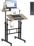 Hadulcet Mobile Standing Desk with Charging Station Adjustable Standing Computer Desk Standing Adjustable Laptop Cart with Wheels for Home Office Classroom Light Grey