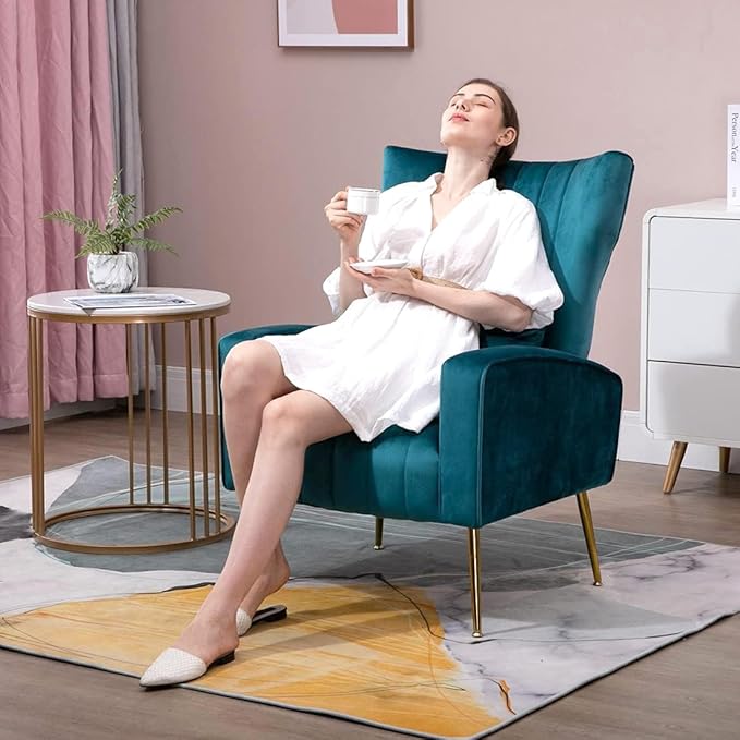 Velvet Accent Chair for Living Room Bedroom Modern Arm Chair with Wingback &amp Gold Metal Legs Lumbar Pillow Included Dark Teal