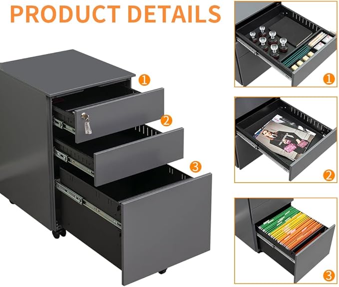3 Drawer Mobile File Cabinet with Lock Steel File Cabinet for LegalLetterA4F4 Size Fully Assembled Include Wheels Home Office Design