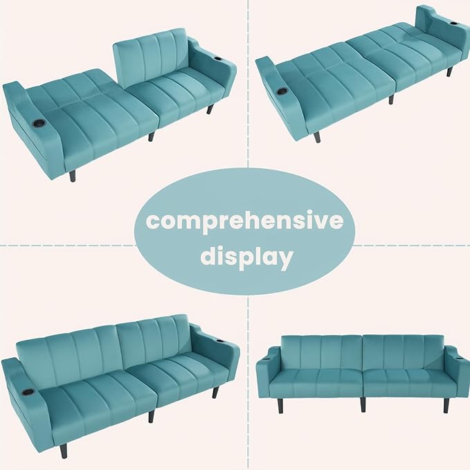 80 Velvet Futon Sofa Bed Convertible Sleeper Loveseat with Cup Holders &amp Storage Pockets Mid Century Modern Couch for Living Room Bedroom Office Small Space (Teal Blue)