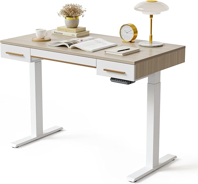 FEZIBO Mid Century Modern Electric Standing Desk with 3 Drawers 48 x 26 Inches Whole Piece Sit Stand Up Home Office Desk White Top with White Frame (2 Packages)