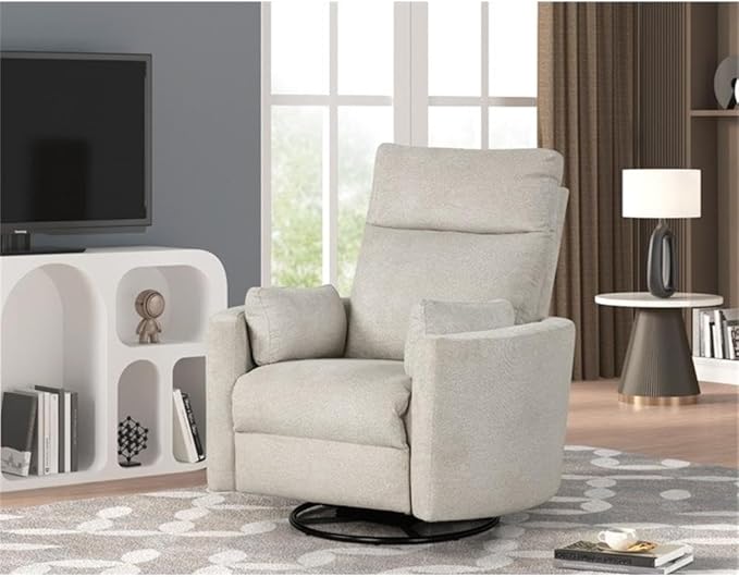 Pemberly Row Modern Polyester Fabric Swivel Recliner Upholstered Seating Chair Featuring Swivel Reclining Function for Residential Seating Applications Polyester Fabric in Natural Quartz Finish