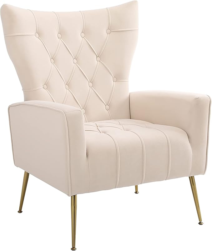 Velvet Accent Chair with Ottoman Modern Lounge Chair with Wing Backrest &amp Metal Legs Upholstered Single Leisure Sofa Chair Reading Chair for Living Room Bed Room Office (Beige)