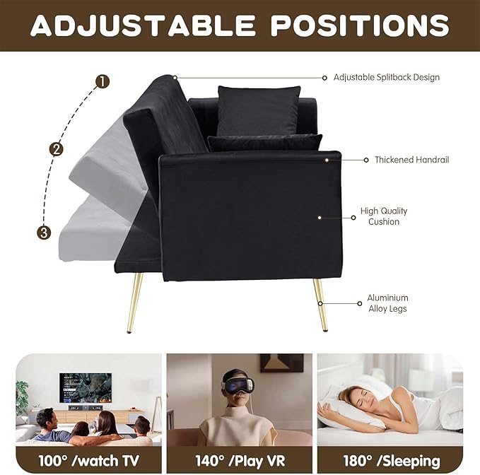 71Convertible Futon Sofa Bed - Modern Velvet Sleeper Couch with Adjustable Backrest Tufted Recliner with Golden Chrome Legs &amp 2 Pillows Perfect for Small Spaces Living Room &amp Apartment (Bl