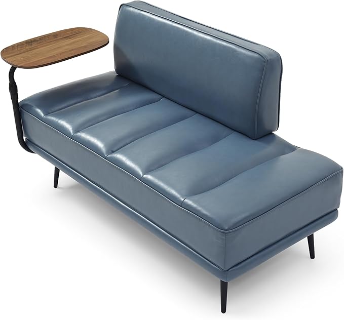 Modern Upholstered End of Bed Bench with 360-Degree Swivel Tray 2 Seater Sofa Couch with Side Table Settee Bench with Metal Legs Backrest for Living RoomEntrywayFoyer (PU-With Tray Grayish Blue)