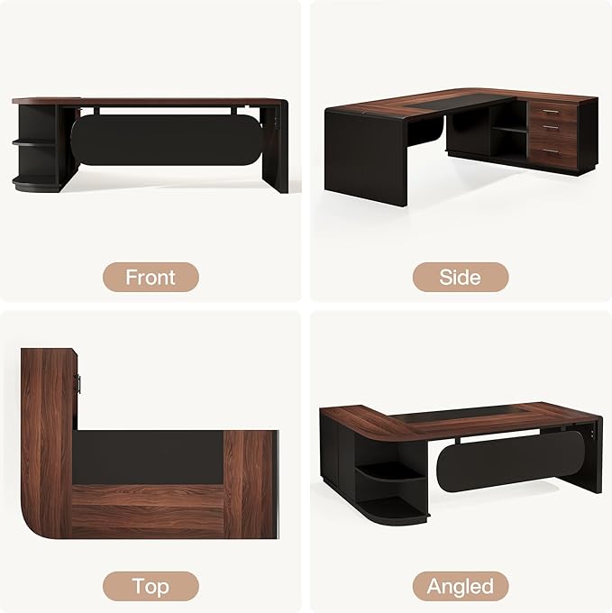 Tribesigns 81'' L-Shaped Executive Desk Large Modern Office Desk with Drawers and File Cabinet for Home or Business Workspace Computer Desk with Storage Shelves Walnut &amp Black