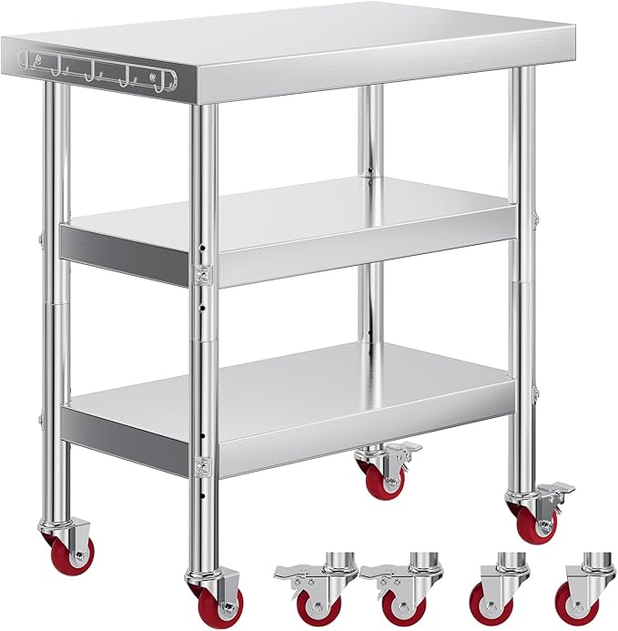 Jocisland 22 x 36 Three-Tier Stainless Steel Table NSF Certified for Prep &amp Work with Wheels Adjustable Under Shelf for Commercial Kitchen Restaurant Hotel and Garage