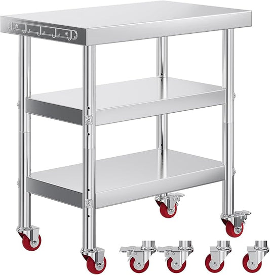 Jocisland 22 x 36 Three-Tier Stainless Steel Table NSF Certified for Prep &amp Work with Wheels Adjustable Under Shelf for Commercial Kitchen Restaurant Hotel and Garage