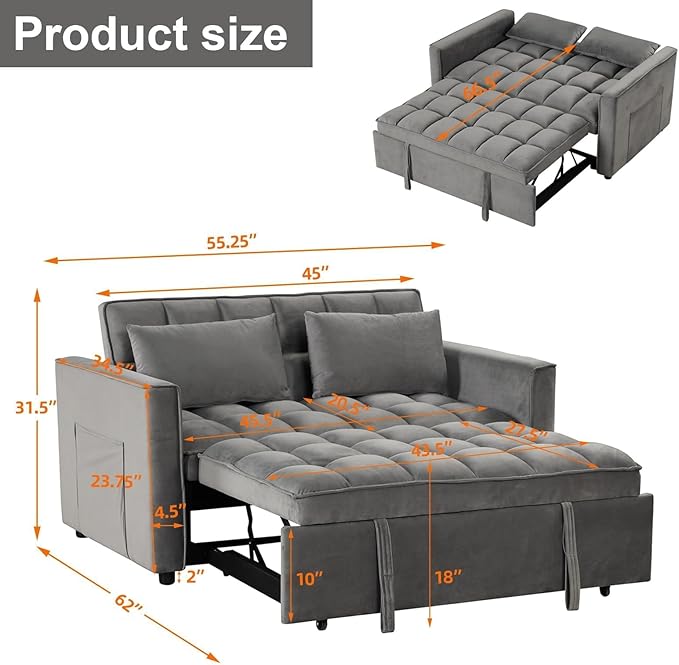 EBELLO 3 in 1 Convertible Sleeper Sofa Bed Modern Loveseat Couch Pullout Bed for Living Room Small Love Seat Lounge Sofa with Reclining Backrest Pillows and Side Storage PocketGrey