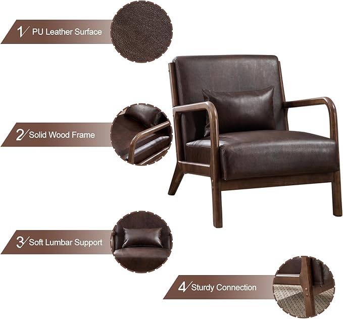 INZOY Mid Century Modern Accent Chair with Wood Frame Set of 2 Upholstered Reading Armchair with PU Leather Accent Chair for Living Room Bedroom Apartment Easy Assembly Chocolate Brown