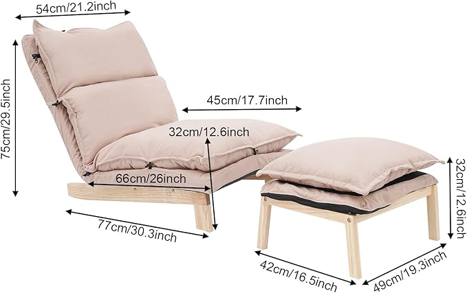 Single Lazy Leisure Chair Adjustable Recliner Balcony Reclining Japanese Tatami Chair with Ottoman Floor Seating Lounge Chair with Backrest and Footrest Upholstered Chair for Living Bedroom (Beige)