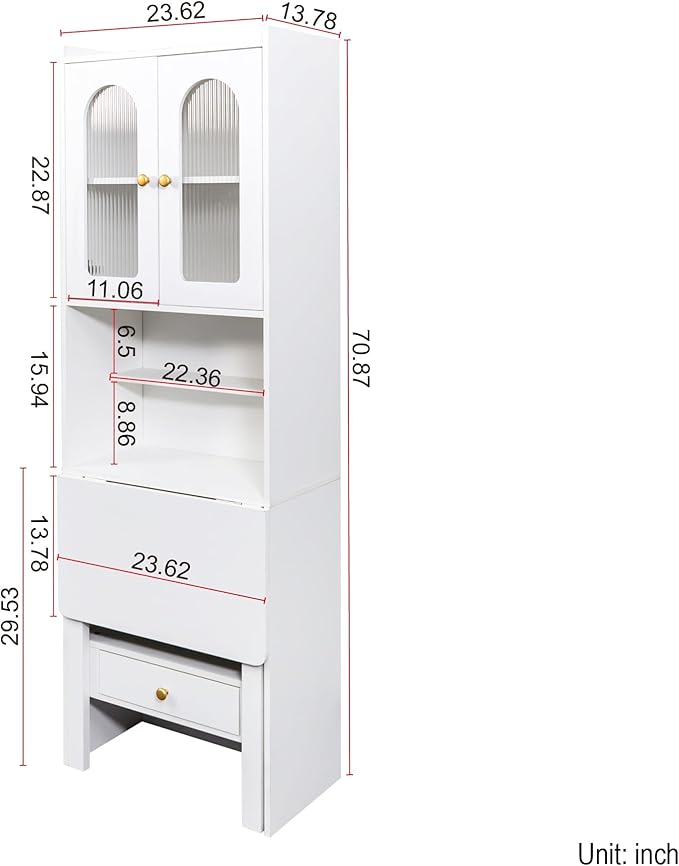 Fold-Out Convertible Writing Table &amp Desk Cabinet with Shelf and Drawer - Multi-Function Home Office Workstation -Perfect for Small Rooms Studies and Home Offices (White)