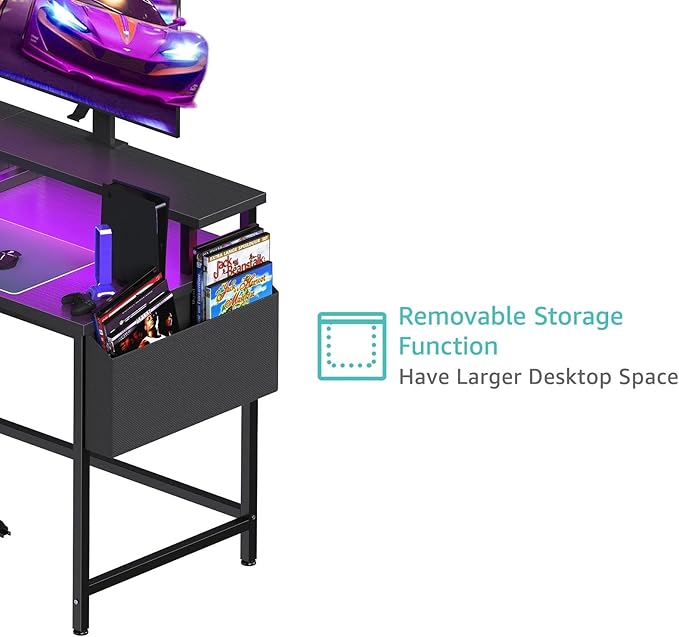Lufeiya L Shaped Gaming Desk with Led Lights and Power Outlets 48 Inch Corner Home Office Desk with Monitor Stand Shelves Writing Study Computer Desks with Fabric Drawers for Bedroom Black
