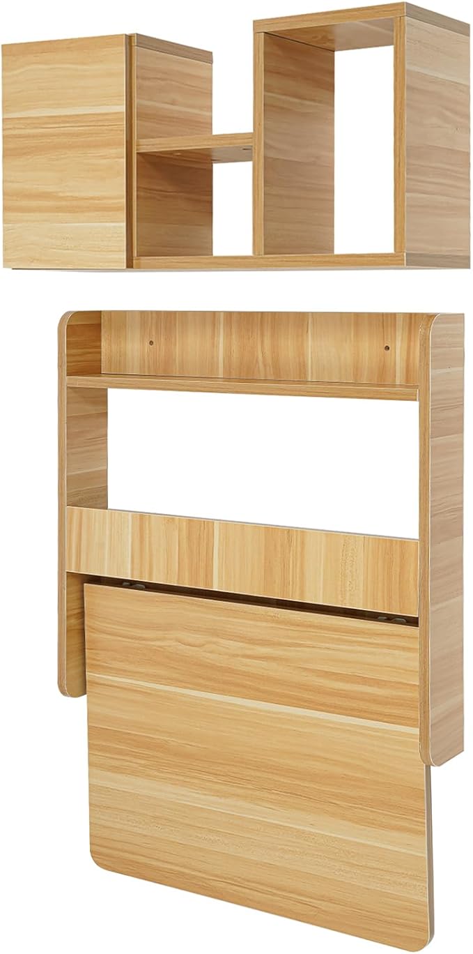 Floating Desk 24 Wall Mounted Folding Desk with Bookshelf Folding Wall Desks Space Saving Workstation with Storage Shelves for Home Office Bedroom Study Room Small Space