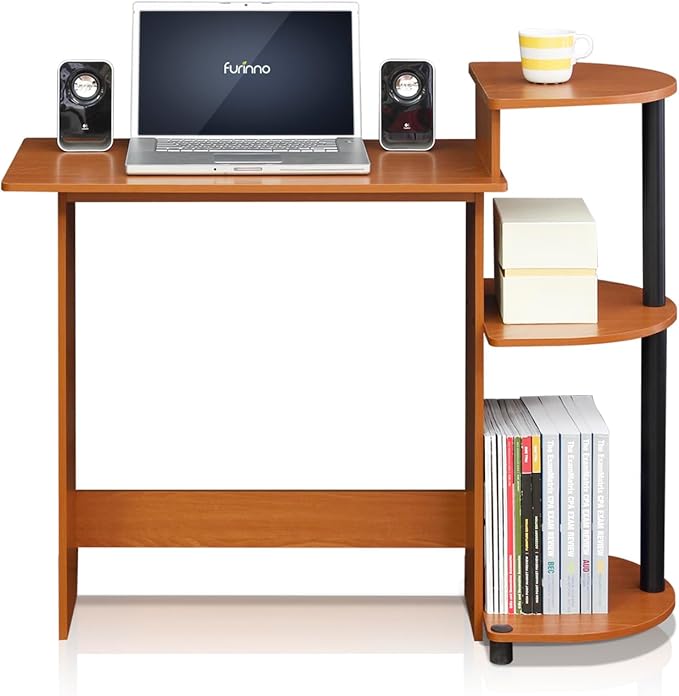 Furinno Compact Computer Desk with Shelves Round Side Light Cherry/Black