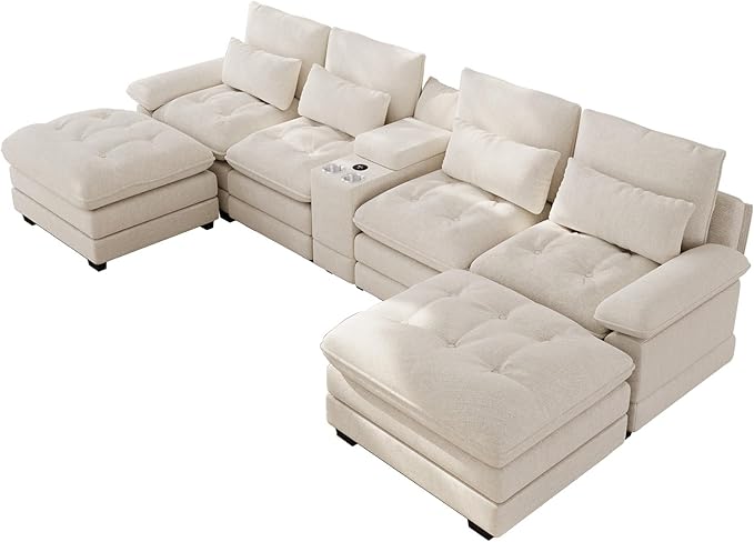 134U Shaped Sectional Couches for Living Room Oversized Modular Sectional Fluffy Couch with 2 Ottoman &amp Storage ConsoleModern 6 Seat Living Room Sofa with Glitter FabricTufted Buttons Beige