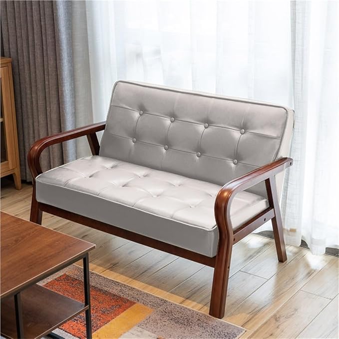 Mid-Century Modern Loveseat Comfy Faux Leather Upholstered Couch Solid Wood Frame Vintage Accent Armchair with High Back for Home Office Waiting Room 45.3''L x 24.4''D x 29.5''H(White)