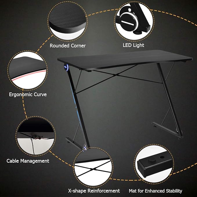 POWERSTONE Gaming Desk with Led Light - Z Shaped 43.5 inch Gaming Computer Desk Pc Gaming Table Home Office Desk Gamer Workstation with Carbon Fiber Surface