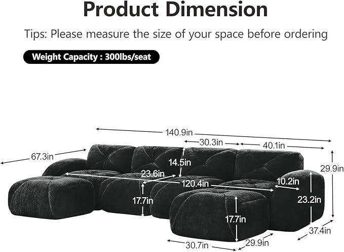 140.9'' Modular U Shaped Sectional Couches for Living Room Modern Velvet Cozy Boneless Sofa with 2 Ottoman No Assembly Required Comfy Couch Black Cloud Boneless Couch in a Box Sofas para Sala