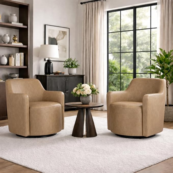 Homepop Home Décor Upholstered 360° Barrel Back Swivel Chair | Accent Chairs for Living Room &amp Bedroom | Decorative Home Furniture Sand Faux Leather
