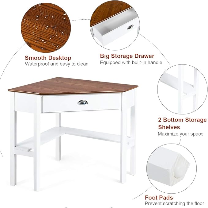 RELAX4LIFE Corner Computer Desk Triangle with Drawer and Shelves Stable Laptop PC Table Home Office Writing Desk Study Workstation Desk (Natural)