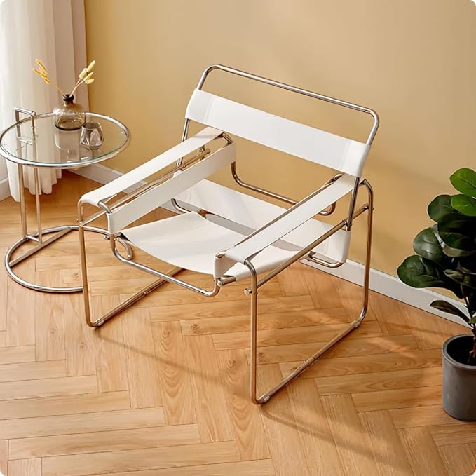 FULOL Saddle Leather Armchair Mid-Century Modern Accent Chair Studio Chair Stainless Steel Frame for Living Room Bedroom Office Studio White