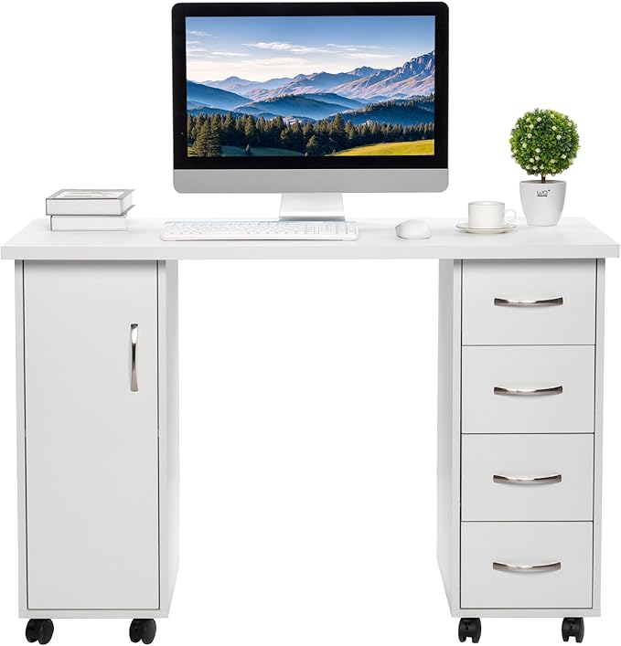 110x45x80cm Rolling Computer Desk with 4 Drawers Home Office Desks with Shelves Work Desk Table with Storage Study Writing Desk Desk with Drawers Mobile Computer Table Rolling Table Workstation