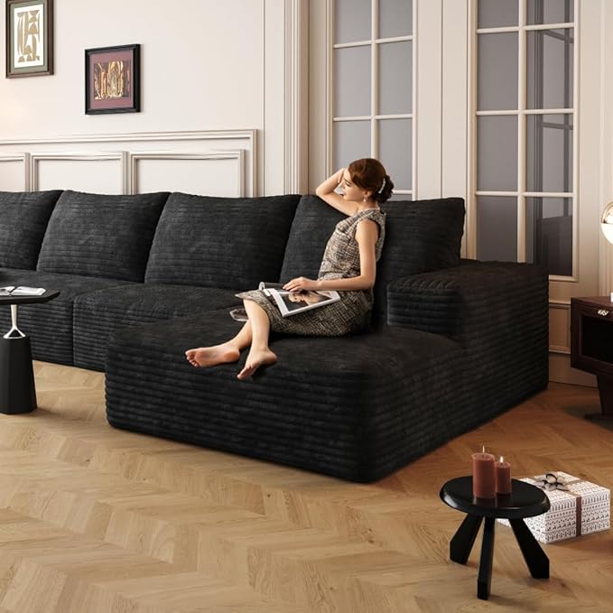 108’’Cloud Couch Sectional with L-Shape Chaise Modern Modular Sectional Sofa Boneless Couch with Deep Seat Modern Upholstered Couches for Living Room (Black 108''W Right Facing Chaise)