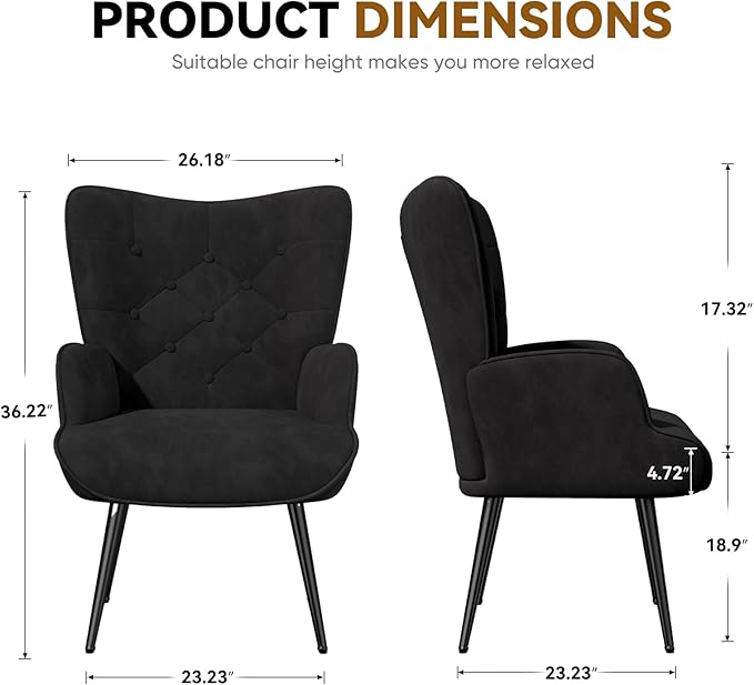 Nalupatio Mid Century Modern Accent Chair Velvet Upholstered Armchair with Metal Legs Tufted Button Wingback Side Chair High Back Reading Chair for Living Room Bedroom Black
