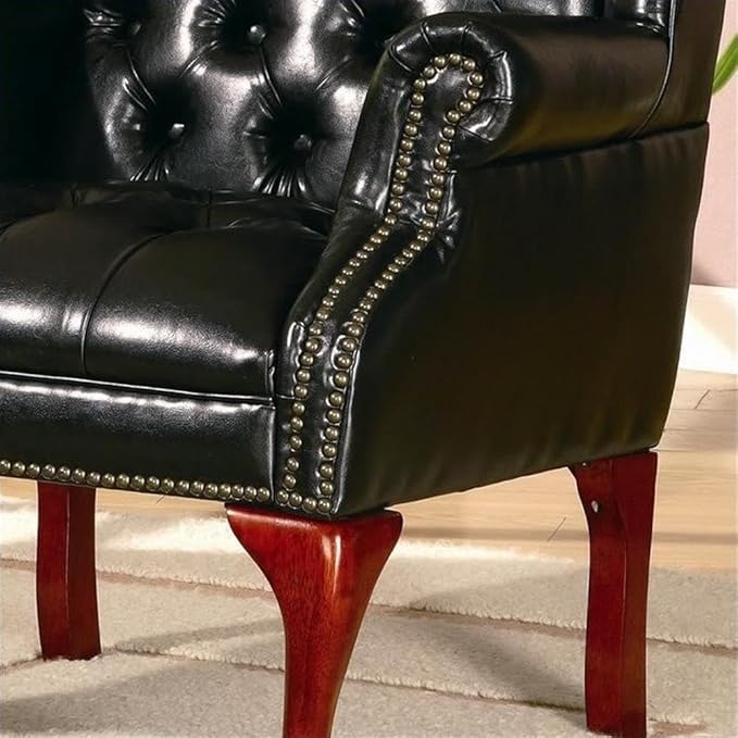 Stonecroft Furniture Tufted Faux Leather Arm Chair and Ottoman Black Upholstery Wingback Design with Nailhead Trim Espresso-Finished Legs Traditional Style for Living Room or Study