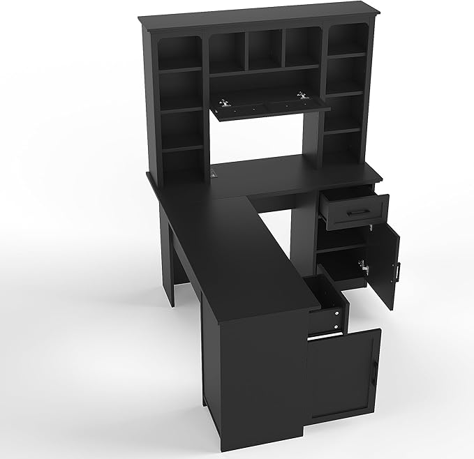 L Shaped Desk Computer Desk with Drawers Bookshelf &amp Hutch Modern Corner Desk Home Office Desk L-Shaped Study Table Writing Desk Corner Gaming Computer with Storage (Black)