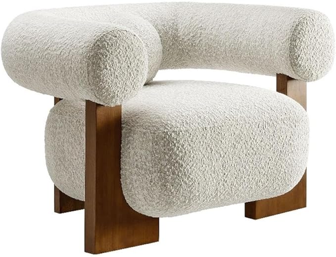 Modway Jace Boucle Fabric Accent Chair in Pearl - Upholstered Barrel Chair with Pillow - Comfy Lounge Armchair with Curved Back and Wood Legs - Soft Teddy Club Chair for Living Room or Bedroom