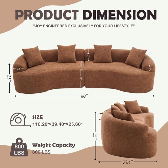 110 Curved Sectional Sofa with 4 SeaterCurved Sofa for Living RoomModern Sectional Couch Boneless SofaWood Grain Chenille Fabric No Installation Requirement
