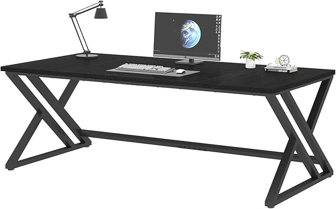 LVB 78.7 Black Computer Desk Large Industrial Pc Study Home Office Desk Long Modern Wood Gaming Work Writing Desk for 2 Person Farmhouse Double Workstation Executive Desk with Storage in Bedroom