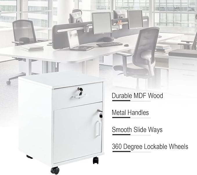 Mobile 2 Drawer File Cabinet with Lock Wooden Under Desk Filing Cabinet with Wheels Small Rolling Storage Cabinet for Home Office Organizer A4/Letter Size/Legal White