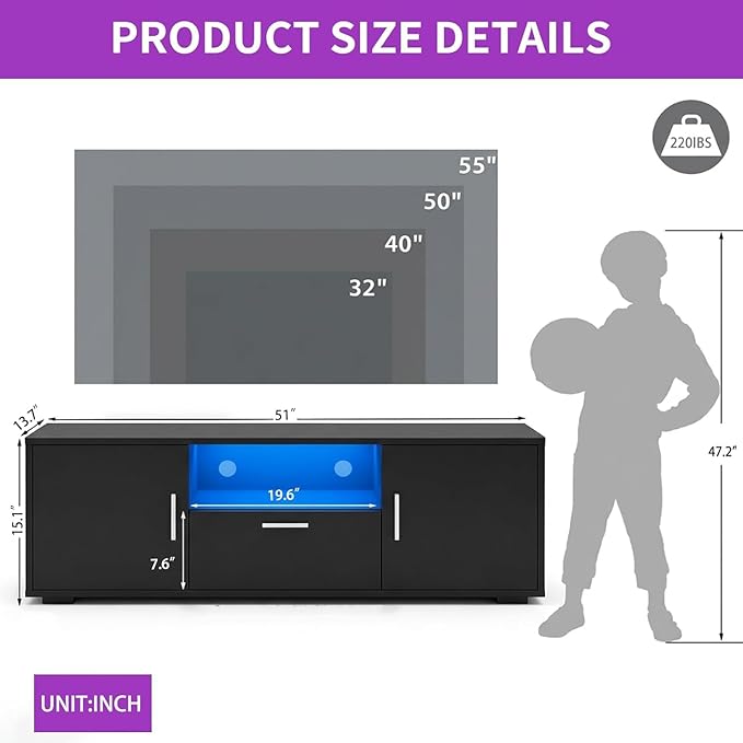 51 Inch Modern TV Stand with RGB LED Lights - Black Entertainment Center Storage Cabinet for 32-55 Inch TVs Living Room Media Console