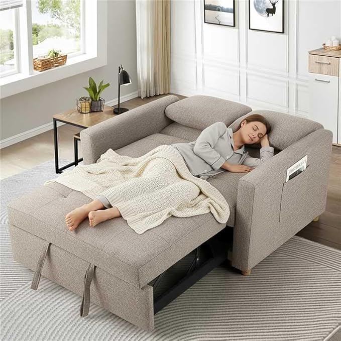 SEJOV 3-in-1 Convertible Sofa Bed Linen Fabric Sleeper Couch Pull Out Bed 49 2-Seater Loveseat Futon Sofa with Spring Support Adjustable Backrest and Pillows for Small Spaces Living Room