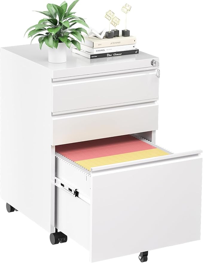 3 Drawer Mobile File Cabinet Metal Rolling Filing Cabinet with Lock for Home Office Under Desk Small Cabinet with Wheels Fit Legal/Letter/A4 (White)