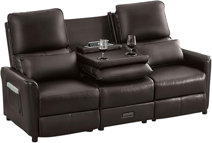 Reclining Loveseat Sofa 3 Seat Manual Recliner Couch with Flip Middle Backrest Console Wall Hugger Storage Drawer &amp Cup Holder for RV &amp Living Room Seating (Dark Brown 3 seat)