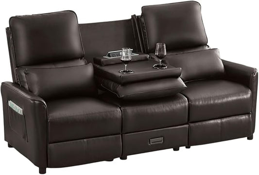 Reclining Loveseat Sofa 3 Seat Manual Recliner Couch with Flip Middle Backrest Console Wall Hugger Storage Drawer &amp Cup Holder for RV &amp Living Room Seating (Dark Brown 3 seat)